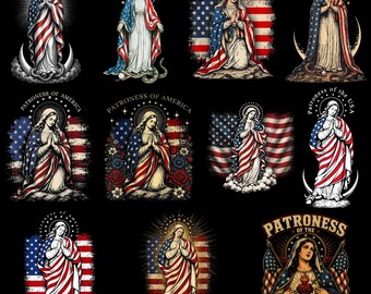 Patroness of the USA PNG Bundle, Virgin Mary Patriotic Sublimation, Catholic Religious PNG, American Flag Mary Shirt Design