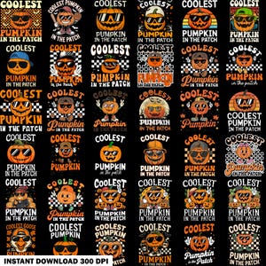 Puede incluir: Una colección digital de treinta y seis diseños gráficos que presentan calabazas naranjas con gafas de sol y varios sombreros, cada uno acompañado por el texto COOLEST PUMPKIN IN THE PATCH, sobre un fondo negro sólido para imprimir.