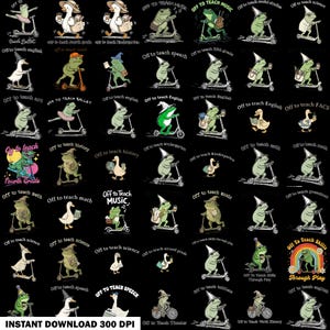 May include: A digital collection of illustrations featuring frogs and ducks wearing wizard hats and riding scooters, each paired with text such as Off to teach math, science, or music. The graphics are set against a black background.