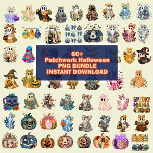 Könnte beinhalten: Eine digitale Sammlung von über 60 Patchwork-Halloween-Grafiken mit Geistern, Kürbissen und saisonalen Motiven. Der zentrale Text lautet 60+ Patchwork Halloween PNG BUNDLE INSTANT DOWNLOAD. Die Designs enthalten verschiedene Muster, Farben und Schleifen.