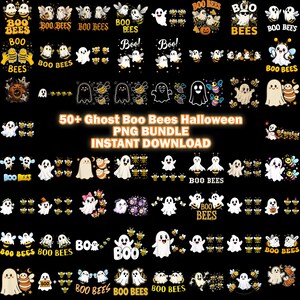 May include: A digital collection of over 50 Halloween-themed graphics featuring cartoon ghosts and bees, with various designs including the text "BOO BEES" and "BOO". The bundle includes multiple illustrations of ghosts and bees on a black background.