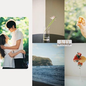 May include: A collage of images featuring a couple embracing, a flower in a vase, a hand holding a small orange object, a beach scene, and a cocktail glass with fruit. The images have a soft, natural aesthetic.