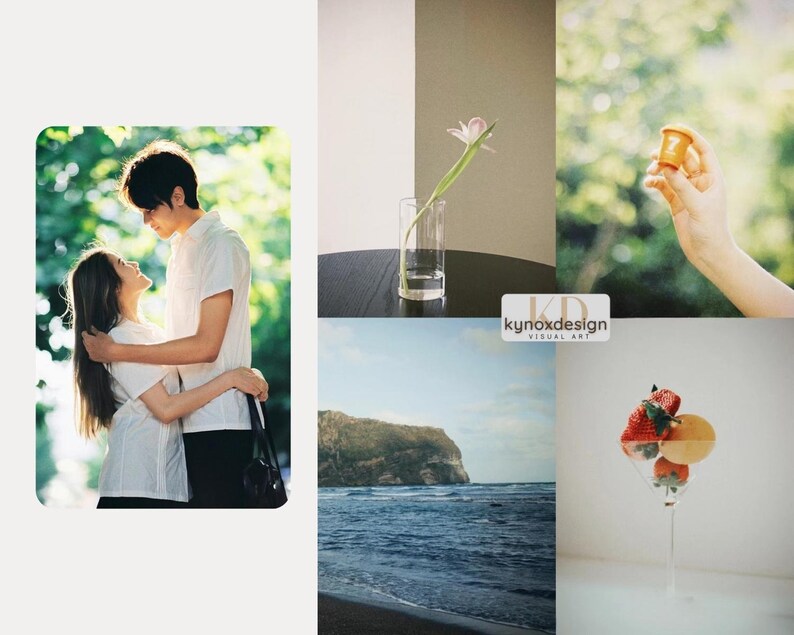 May include: A collage of images featuring a couple embracing, a flower in a vase, a hand holding a small orange object, a beach scene, and a cocktail glass with fruit. The images have a soft, natural aesthetic.