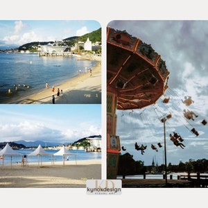 May include: A split image featuring a beach scene with people swimming and a carousel ride. The beach scene shows a sandy shore, clear water, and buildings in the background. The carousel has riders in the air against a cloudy sky. The image has a vintage aesthetic.