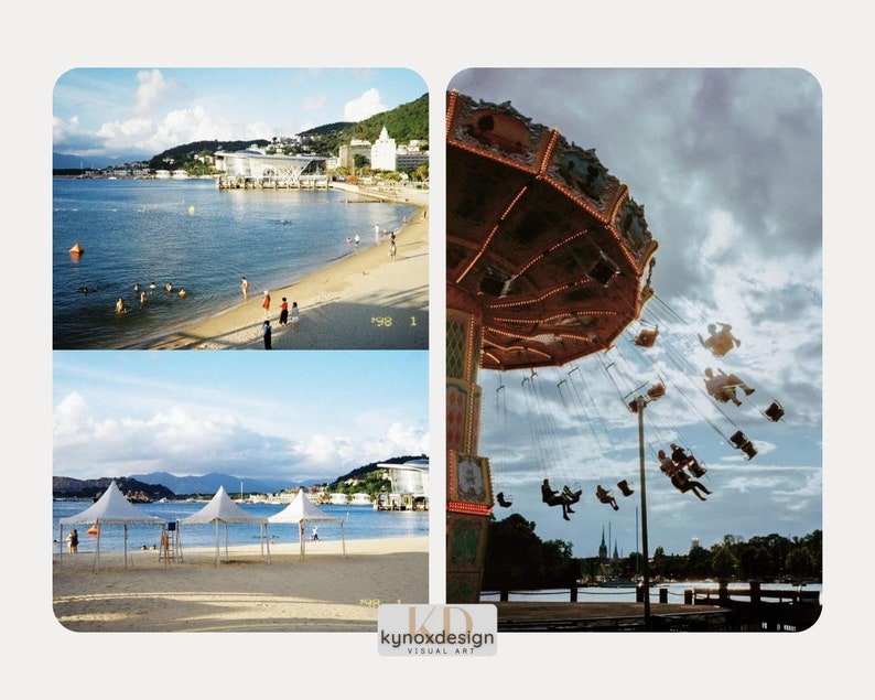 May include: A split image featuring a beach scene with people swimming and a carousel ride. The beach scene shows a sandy shore, clear water, and buildings in the background. The carousel has riders in the air against a cloudy sky. The image has a vintage aesthetic.