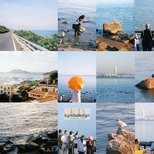 May include: A collection of scenic photographs featuring coastal landscapes. Images include a road along the coast, people near the water, buildings, and an orange umbrella. The sea is visible in most of the images, with birds and a city skyline in the distance.