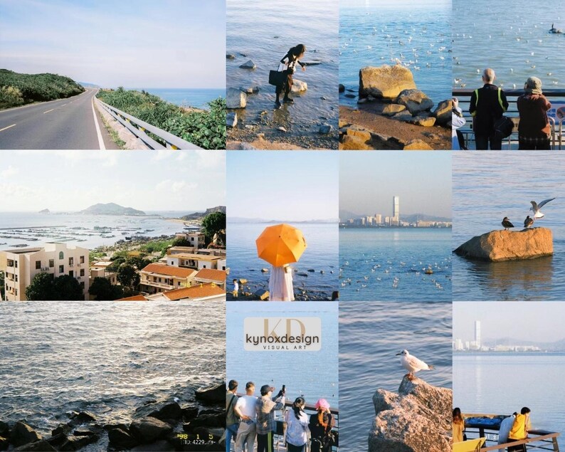 May include: A collection of scenic photographs featuring coastal landscapes. Images include a road along the coast, people near the water, buildings, and an orange umbrella. The sea is visible in most of the images, with birds and a city skyline in the distance.
