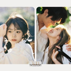 May include: Two-panel image featuring a young woman with pigtails in a white sweater and a couple embracing. The image has a soft, romantic aesthetic with natural lighting. The bottom right corner has the text "kynoxdesign VISUAL ART".