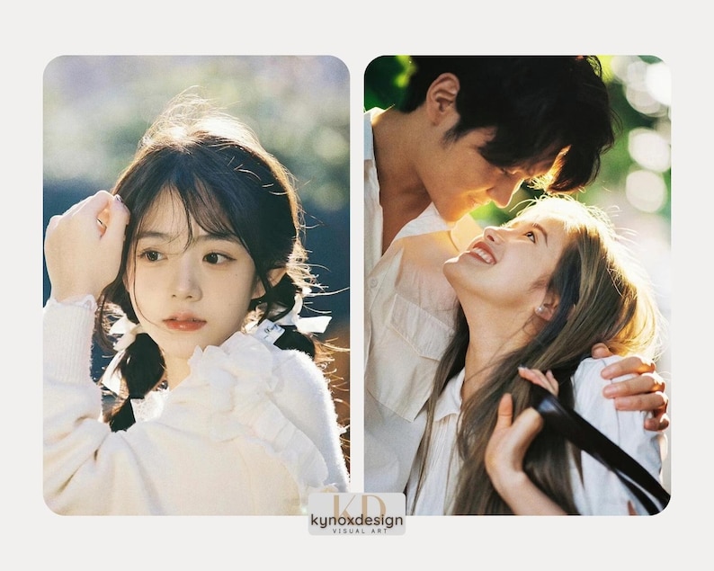 May include: Two-panel image featuring a young woman with pigtails in a white sweater and a couple embracing. The image has a soft, romantic aesthetic with natural lighting. The bottom right corner has the text "kynoxdesign VISUAL ART".