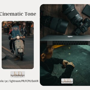 May include: A person riding a white scooter on a city street. The person is wearing a black jacket and a black helmet. The scooter has a windshield and a black seat. The street is paved with gray bricks. The image has a cinematic tone.