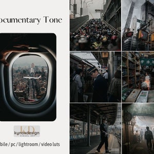 Puede incluir: Un collage de seis imágenes que representan escenas urbanas en un estilo documental. Las imágenes incluyen una vista desde la ventana de un avión, una calle abarrotada, una estación de tren, una tienda con estantes de mercancías y dos escenas callejeras.