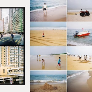 May include: A collage of photographs featuring scenes of urban and beach life. One image shows a city street with pedestrians, while others depict people on sandy beaches, a boat, and a sandcastle near the ocean.