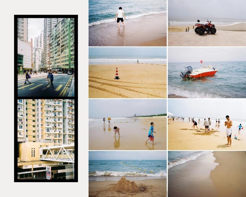 May include: A collage of photographs featuring scenes of urban and beach life. One image shows a city street with pedestrians, while others depict people on sandy beaches, a boat, and a sandcastle near the ocean.