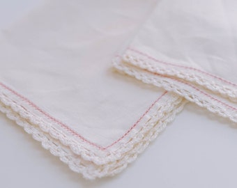 Hand-crocheted, Hand-embroidered heirloom handkerchief, cocktail napkin