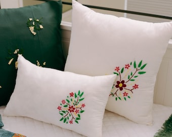 Hand-embroidered cushion cover with flowers