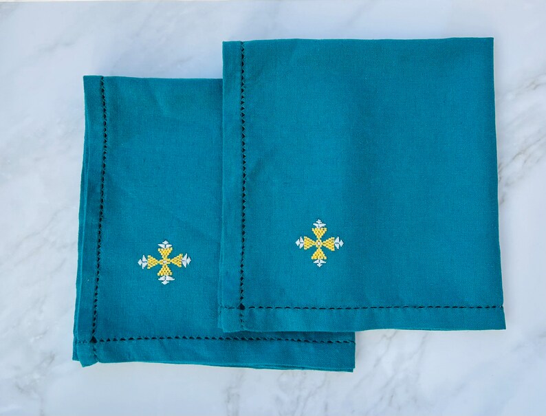 Hand-hemstitched handkerchief. cocktail napkins with embroidery flower image 6