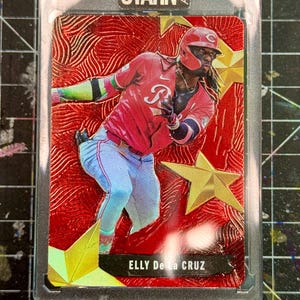 Arte de cartão de beisebol personalizada em relevo e pintada por Elly De La Cruz - Arte de cartão de beisebol em acrílico, aquarela e tinta alcoólica 1/1