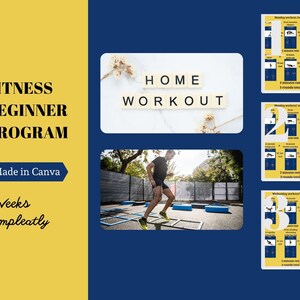 Könnte beinhalten: Eine gelbe und blaue Grafik mit dem Text "FITNESS BEGINNER PROGRAM" und "HOME WORKOUT" in schwarzen Buchstaben. Die Grafik enthält auch ein Foto einer Person, die auf einer blauen und weißen Agility-Leiter läuft.