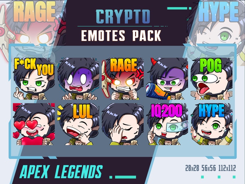 May include: A set of nine digital emotes featuring a cartoon character with different expressions. The emotes are labelled with text such as "Rage", "F*ck You", "Pog", "LUL", "IQ200", and "Hype". The emotes are designed for use on Twitch, Discord, and other online platforms. The text "CRYPTO EMOTES PACK" is at the top of the image. The text "APEX LEGENDS" is at the bottom of the image.