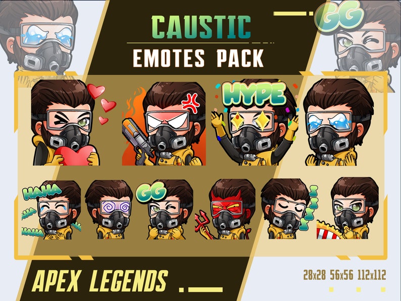 Pu&ograve; includere: Una collezione di emote di Caustic da Apex Legends. Le emote presentano un personaggio con maschera antigas e occhiali, che esprime varie emozioni. Il testo include "CAUSTIC EMOTES PACK" e "APEX LEGENDS". Dimensioni: 28x28, 56x56 e 112x112 pixel.