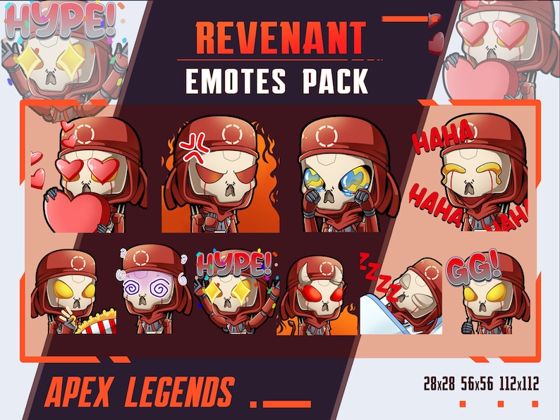 Pu&ograve; includere: Un set di 9 emoji digitali con il personaggio Revenant di Apex Legends. Le emoji sono in stile chibi e mostrano Revenant che esprime diverse emozioni, come l'amore, la rabbia, la tristezza e la risata. Le emoji sono disponibili in tre dimensioni: 28x28, 56x56 e 112x112 pixel.