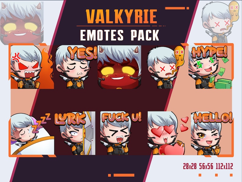 May include: A set of 9 digital emotes featuring a cartoon character with white hair and a red and black outfit. The emotes include expressions like "YES!" "LURK" "FUCK U!" and "HELLO!" The emotes are available in three sizes: 28x28, 56x56, and 112x112.