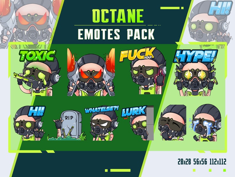 Peut inclure: Un ensemble de 9 autocollants num&eacute;riques repr&eacute;sentant un personnage de dessin anim&eacute; avec un masque &agrave; gaz et des cheveux verts. Le personnage est pr&eacute;sent&eacute; dans diff&eacute;rentes poses et expressions, avec du texte tel que "Toxic", "Fuck You", "Hype", "Hi", "RIP", "Whatelse?", et "Lurk".