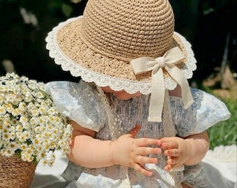 Personalized Baby Straw Hat – Lace Trim, Bow, Boho Summer Sun Hat