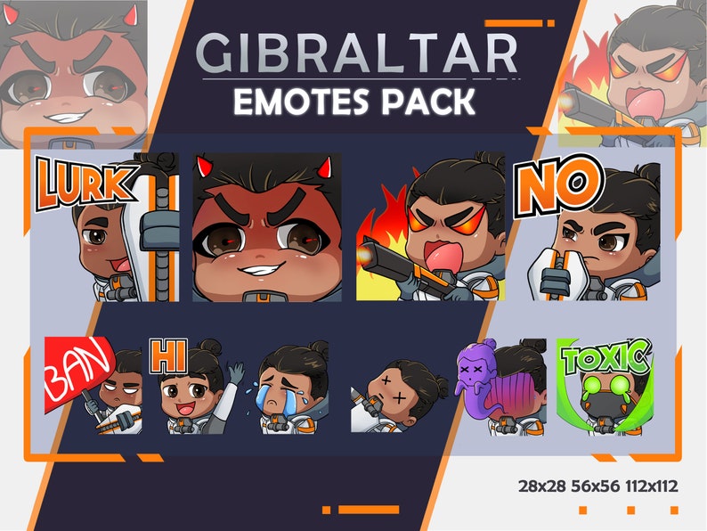 May include: A set of 9 digital emotes featuring a cartoon character with different expressions. The emotes are in a grid format and include expressions like "Lurk", "Ban", "Hi", "No", and "Toxic".