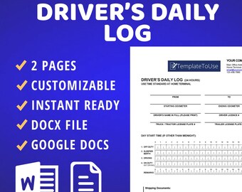 Driver Daily Log, Driver Time Record for Trucker Trailer Tractor Driver, Trucking Business, Service Editable Form, Docx, Google Docs