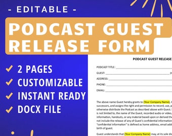 Può includere: Una grafica blu e gialla con il testo "Podcast Guest Release Form" in grandi lettere gialle e in grassetto. La grafica include anche un elenco di controllo con i seguenti elementi: 2 pagine, personalizzabile, pronto all'uso e file Docx. La grafica include anche un modulo con i seguenti campi: Titolo del podcast, Ospite, Indirizzo, Telefono ed E-mail.