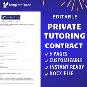 Contrato de tutor, Acuerdo de tutoría, Tutoría privada, Contrato comercial, Plantilla editable para su negocio de tutoría