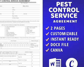 Pest Control Service Agreement for your Pest Control Business, Editable Agreement Contract, Proposal, Docx, Canva template