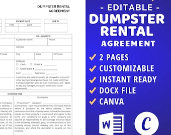 Dumpster Rental Agreement Contract for Waste Disposal, Construction Waste Management, Editable Template, Docx, Canva