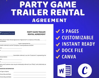 Party Game Trailer Rental Agreement Template, Editable Contract (Docx, Canva)
