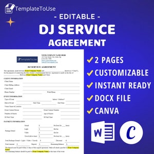 DJ Service Agreement, Wedding, Events Disc Jockey Entertainment Service Contract, Editable Template, Docx, Canva