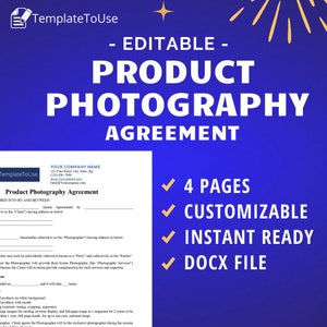 Product Photography Agreement, Photoshoot Contract, Editable Template