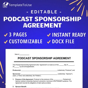 Podcast Sponsorship Agreement, Advertisement Contract, Editable Template