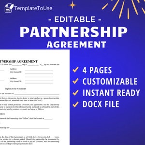 Partnership Agreement for LLC, Business Collaboration Contract, Editable Template sample for small business