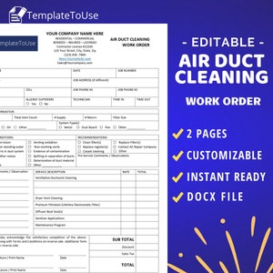 Air Duct Cleaning Work Order, Dryer Vent Cleaning, Business Template, Service Editable Form