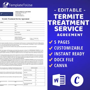 Könnte beinhalten: Editierbare Vorlage für einen Termitenbehandlungsvertrag in blau und weiß. Die Vorlage ist in den Formaten Word und Canva verfügbar. Der Text auf dem Bild lautet "Editierbar - Termitenbehandlungsvertrag - 5 Seiten - Anpassbar - Sofort einsatzbereit - DOCX-Datei - Canva".