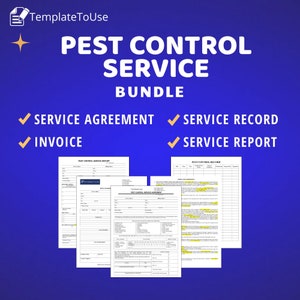 May include: A bundle of printable pest control service documents. The bundle includes a service agreement, invoice, service report, and service record. The documents are white with black text and are laid out on a blue background.