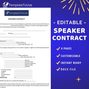 Speaker Contract Agreement, Public Speaker Agreement, Speaker Booking Contract, Editable Template