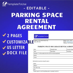 Parking Space Rental Agreement, Garage Lease Agreement, Rental Contract, Lease Contract, Editable Template for your Rental Business