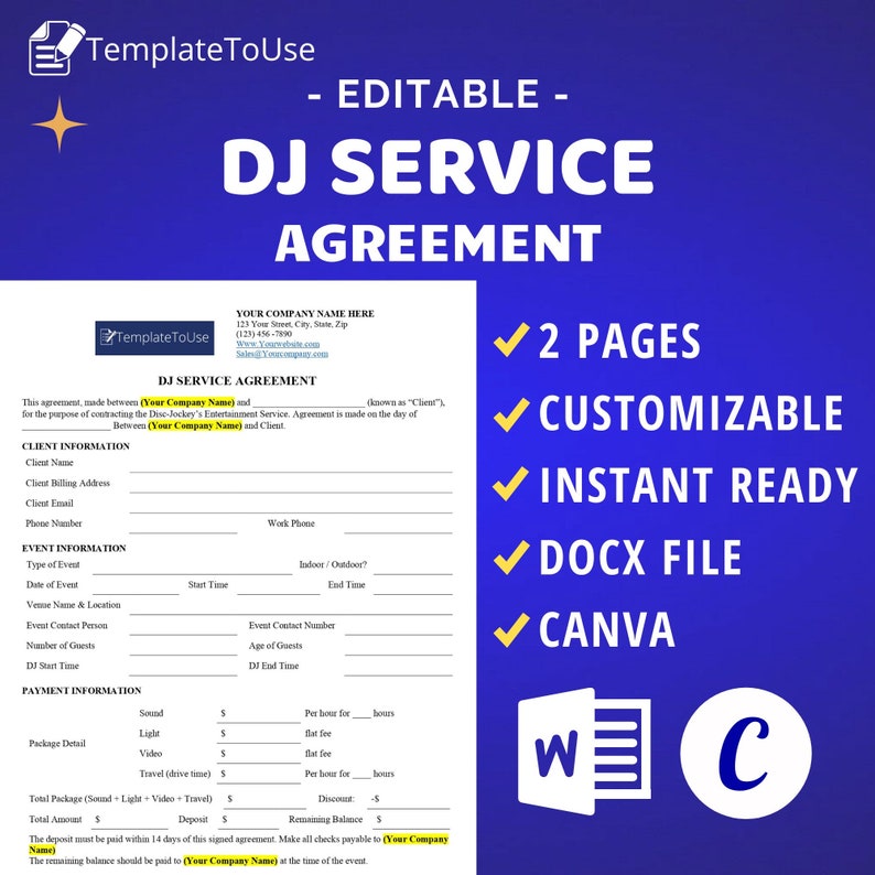 DJ Service Agreement, Wedding, Events Disc Jockey Entertainment Service DJ Service Agreement, Wedding, Events Disc Jockey Entertainment Service