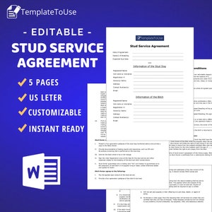 Stud Dog Service Agreement Contract for Breeder, Breeding Business, Service Editable Form