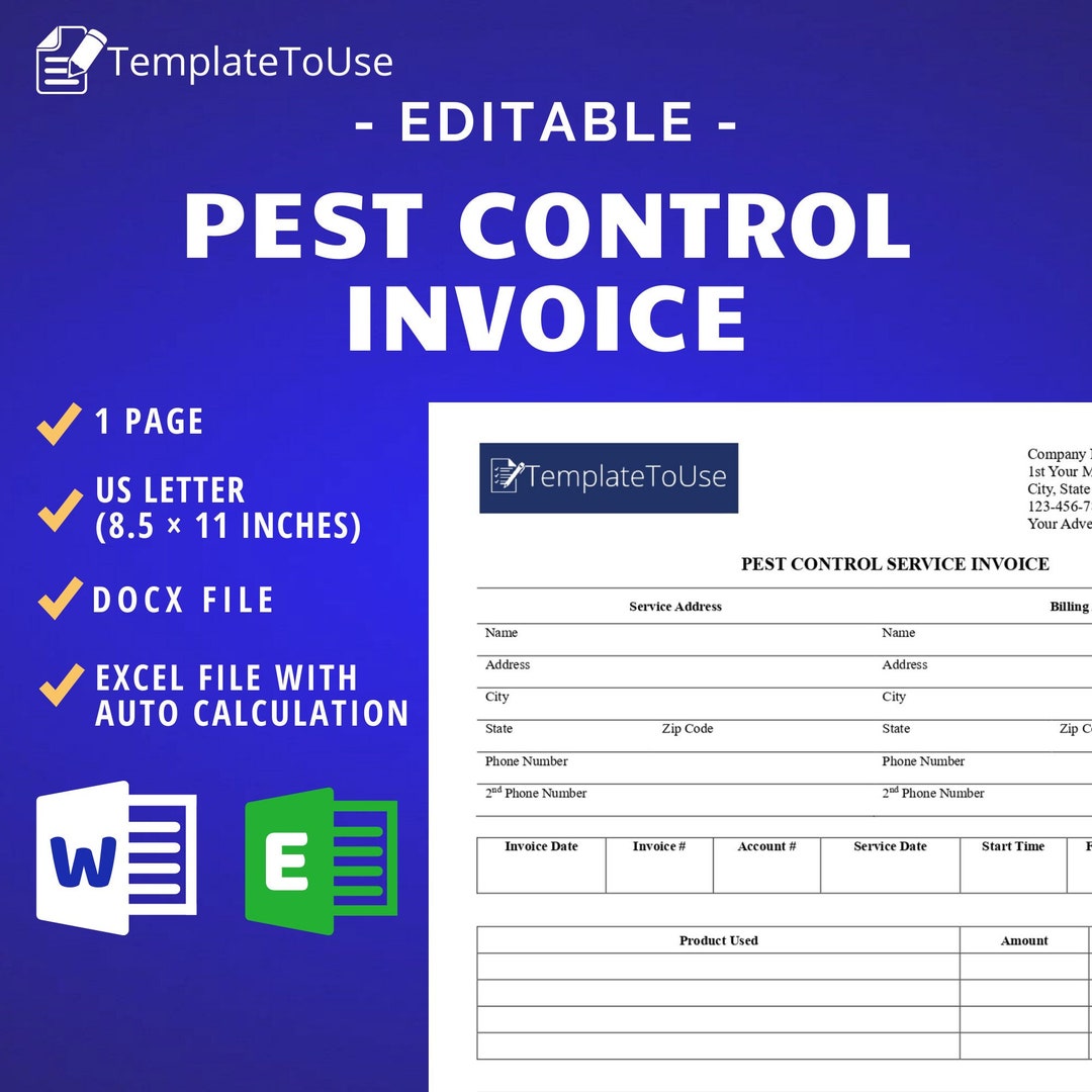Pest Control Service Invoice for Your Pest Control Service, Editable