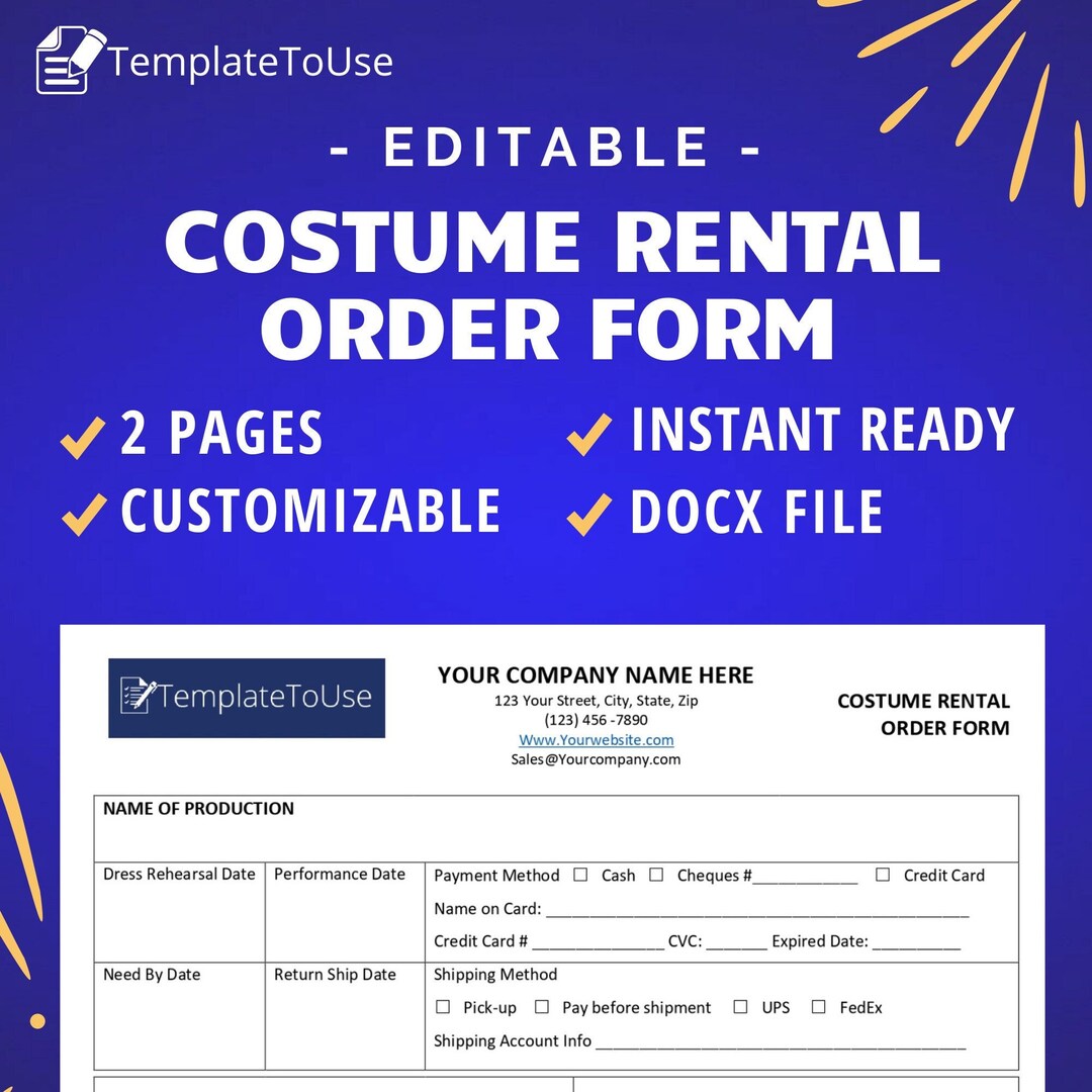 Costume Rental Order Form, Costume Lease Agreement, Business Contract