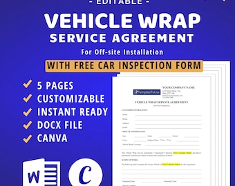 Vehicle Wrap Service Agreement, Car Inspection Form, Editable Template, Docx, Canva