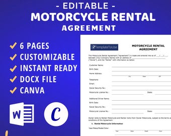 Motorcycle Rental Agreement, Motorbike Lease Contract, Business Template, Docx, Canva